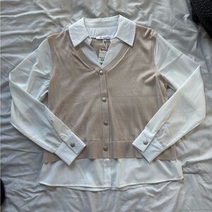 White and Beige Button-Up Blouse